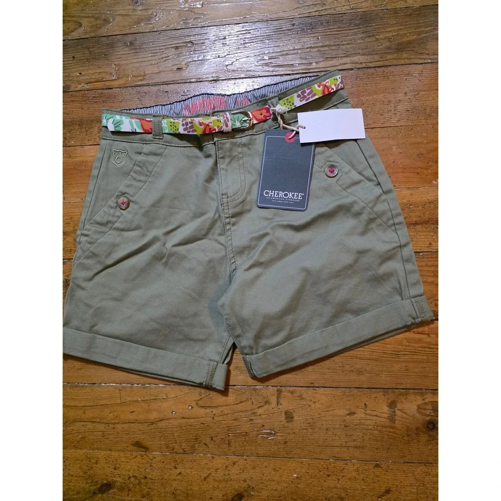 Cherokee Girls Olive Green Chino Shorts with Floral Belt Size 10 NWT